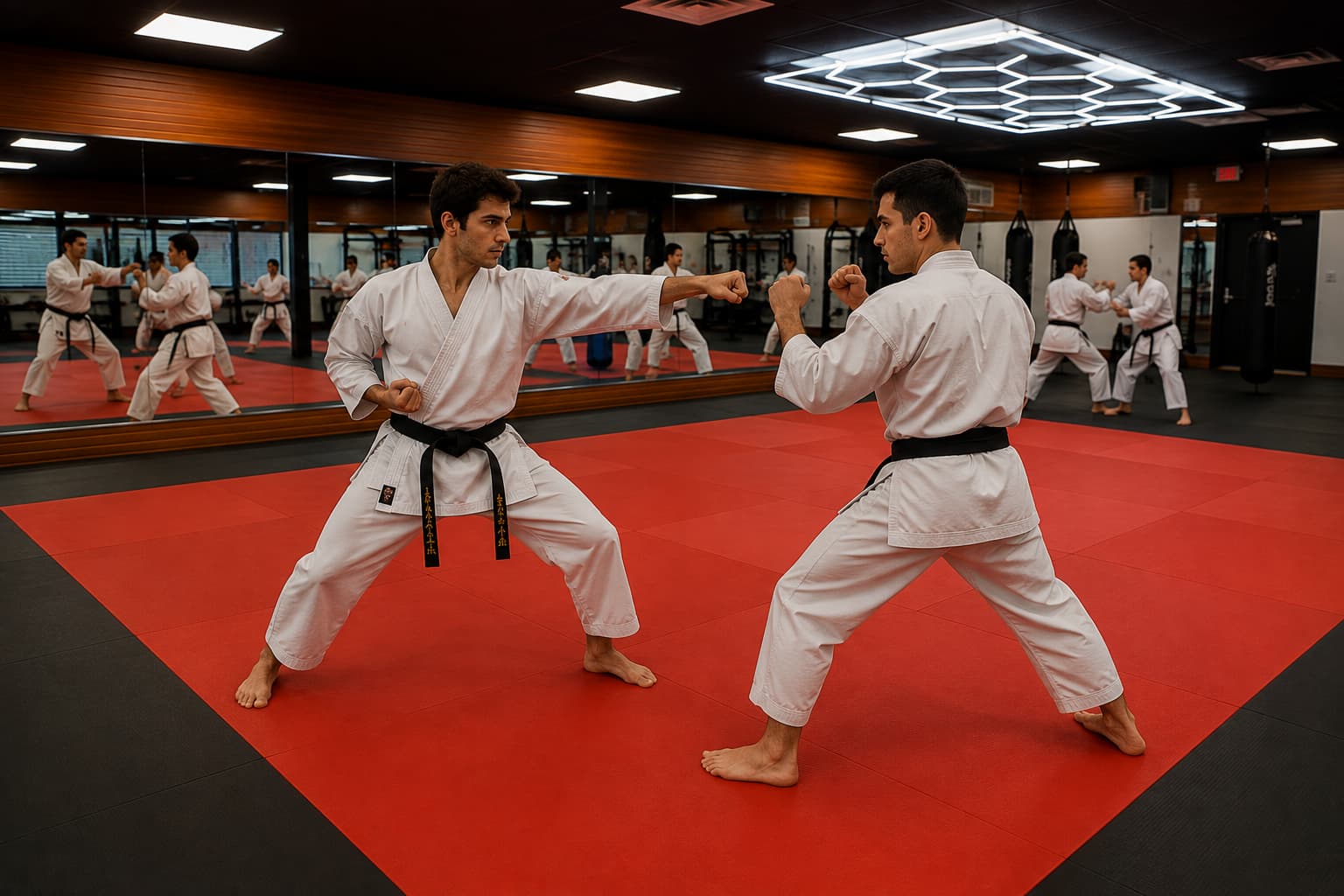 Élèves pratiquant le kihon en karaté Shotokan